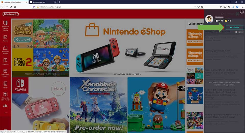 Show you where the account settings button is on the Nintendo website.
