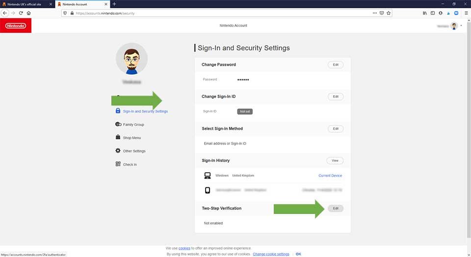 Shows you how to access the security settings for your Nintendo account and start two-step verification.