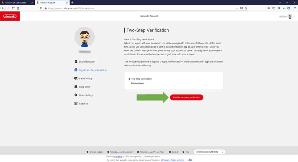 Shows you how to start the two-step verification process for Nintendo accounts.