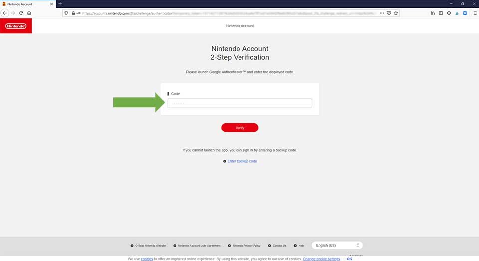 The Nintendo account verification process once two-step verification is set up.